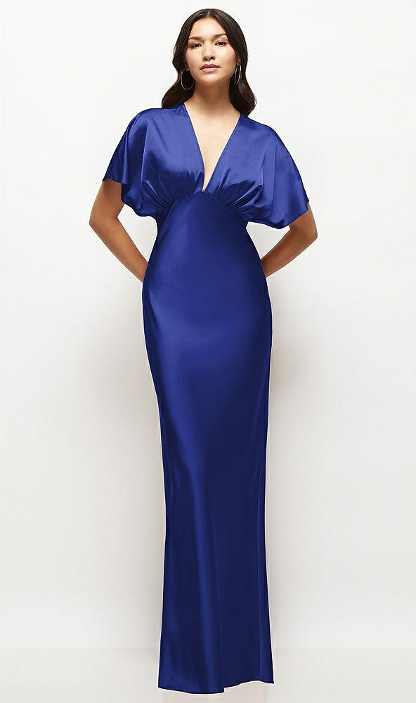 Front View - Cobalt Blue Plunge Neck Kimono Sleeve Satin Bias Maxi Dress