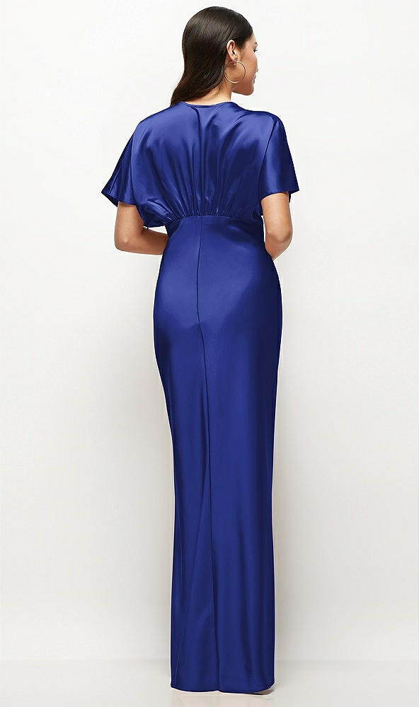 Back View - Cobalt Blue Plunge Neck Kimono Sleeve Satin Bias Maxi Dress