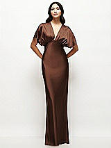 Front View Thumbnail - Cognac Plunge Neck Kimono Sleeve Satin Bias Maxi Dress