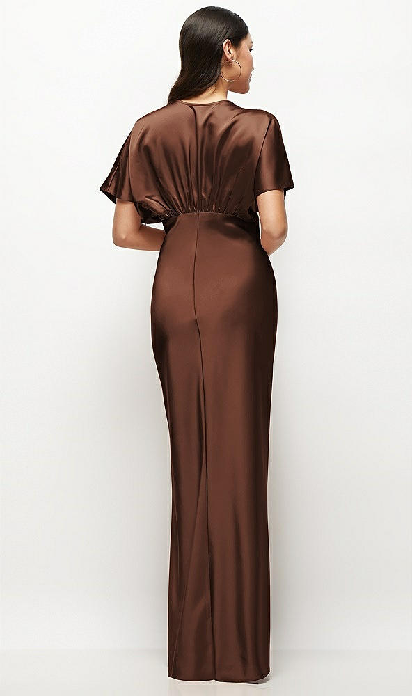 Back View - Cognac Plunge Neck Kimono Sleeve Satin Bias Maxi Dress