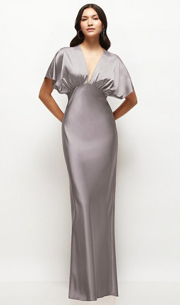 Front View - Cashmere Gray Plunge Neck Kimono Sleeve Satin Bias Maxi Dress