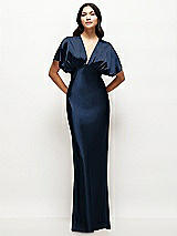 Front View Thumbnail - Midnight Navy Plunge Neck Kimono Sleeve Satin Bias Maxi Dress