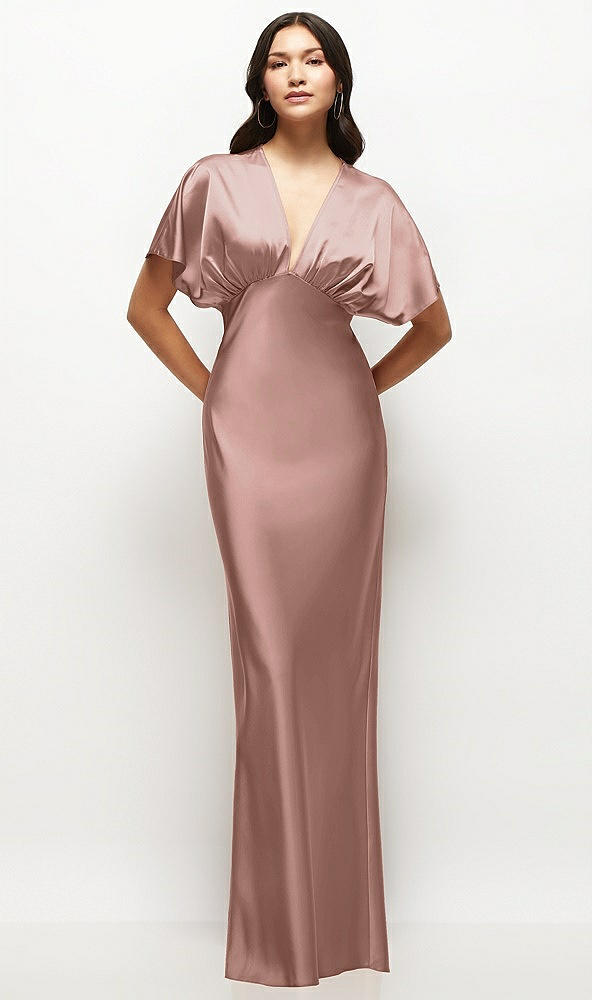 Front View - Neu Nude Plunge Neck Kimono Sleeve Satin Bias Maxi Dress