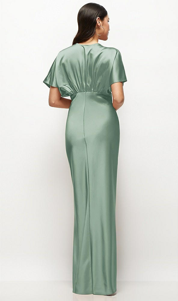 Back View - Seagrass Plunge Neck Kimono Sleeve Satin Bias Maxi Dress