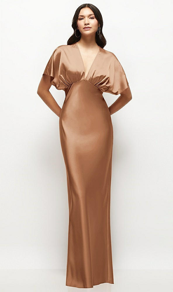 Front View - Toffee Plunge Neck Kimono Sleeve Satin Bias Maxi Dress