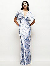 Front View Thumbnail - Magnolia Sky Plunge Neck Kimono Sleeve Floral Satin Bias Maxi Dress