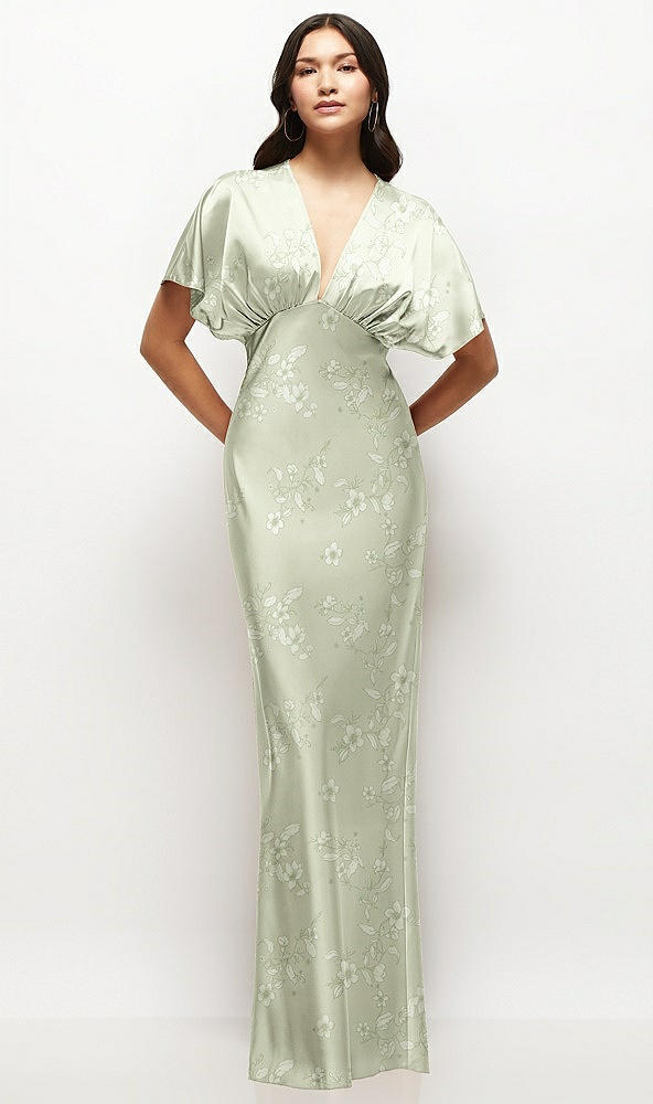 Front View - Vintage Primrose Celadon Plunge Neck Kimono Sleeve Floral Satin Bias Maxi Dress