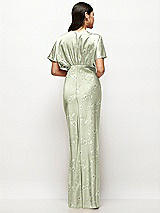 Rear View Thumbnail - Vintage Primrose Celadon Plunge Neck Kimono Sleeve Floral Satin Bias Maxi Dress