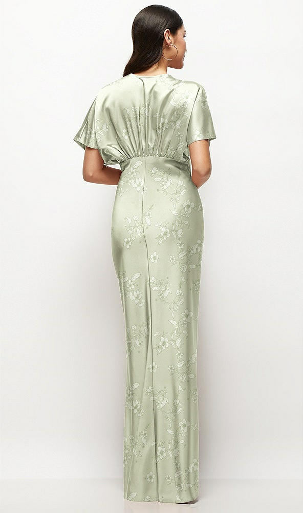 Back View - Vintage Primrose Celadon Plunge Neck Kimono Sleeve Floral Satin Bias Maxi Dress