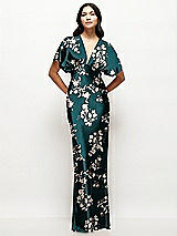 Front View Thumbnail - Vintage Primrose Evergreen Plunge Neck Kimono Sleeve Floral Satin Bias Maxi Dress