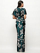 Rear View Thumbnail - Vintage Primrose Evergreen Plunge Neck Kimono Sleeve Floral Satin Bias Maxi Dress