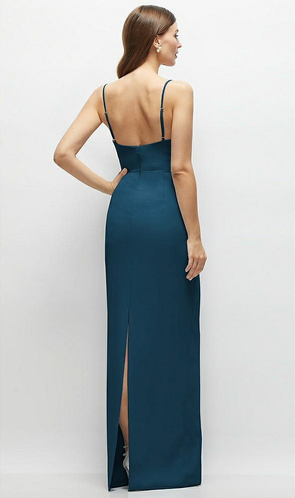 Back View - Atlantic Blue Corset-Style Crepe Column Maxi Dress with Adjustable Straps