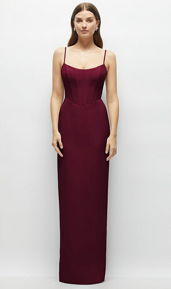 Front View - Cabernet Corset-Style Crepe Column Maxi Dress with Adjustable Straps