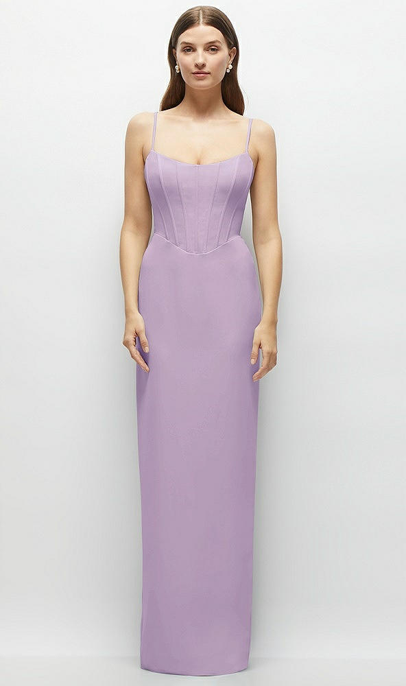 Front View - Pale Purple Corset-Style Crepe Column Maxi Dress with Adjustable Straps