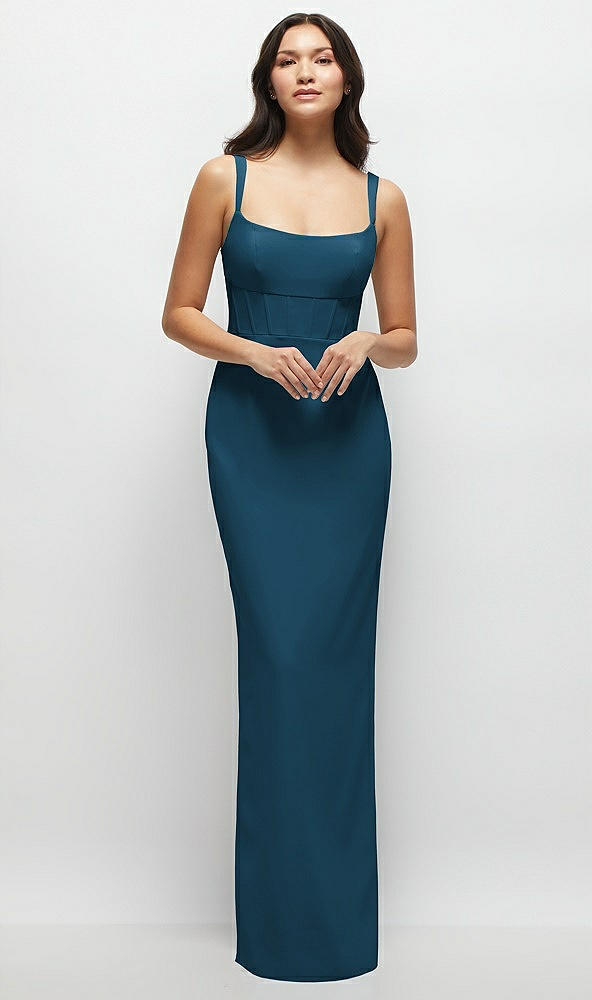 Front View - Atlantic Blue Corset Midriff Crepe Column Maxi Dress