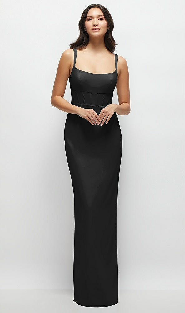 Front View - Black Corset Midriff Crepe Column Maxi Dress