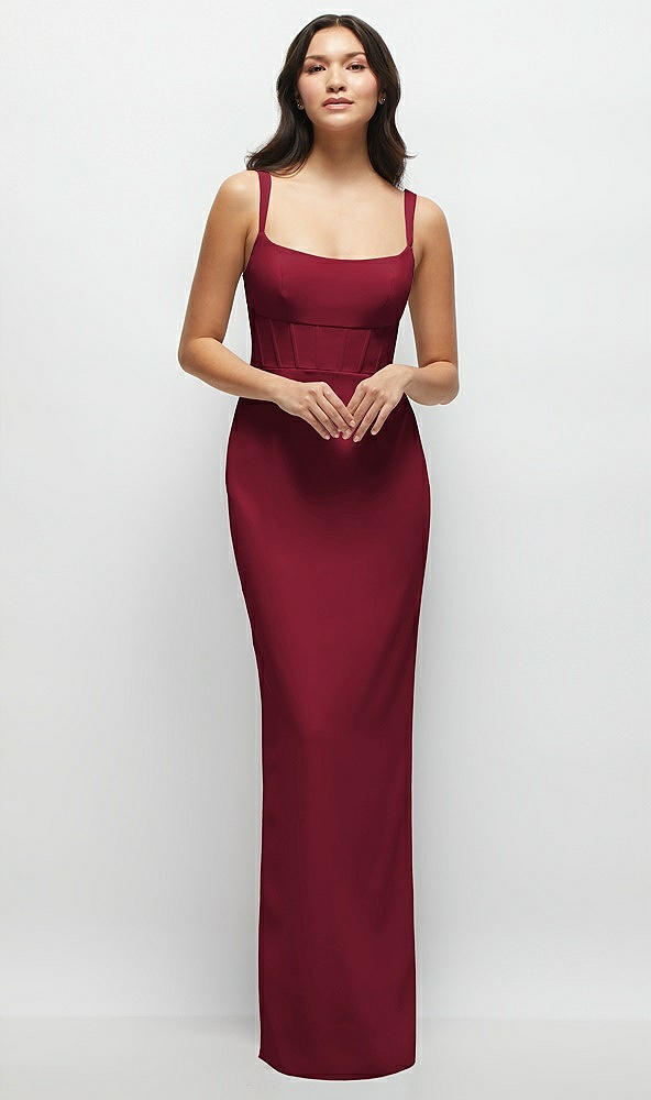 Front View - Burgundy Corset Midriff Crepe Column Maxi Dress