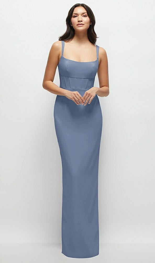 Front View - Larkspur Blue Corset Midriff Crepe Column Maxi Dress