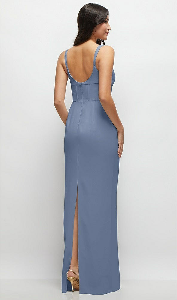 Back View - Larkspur Blue Corset Midriff Crepe Column Maxi Dress