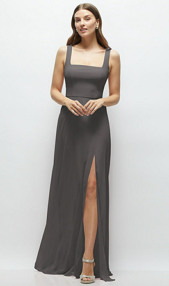 Front View - Caviar Gray Square Neck Chiffon Maxi Dress with Circle Skirt