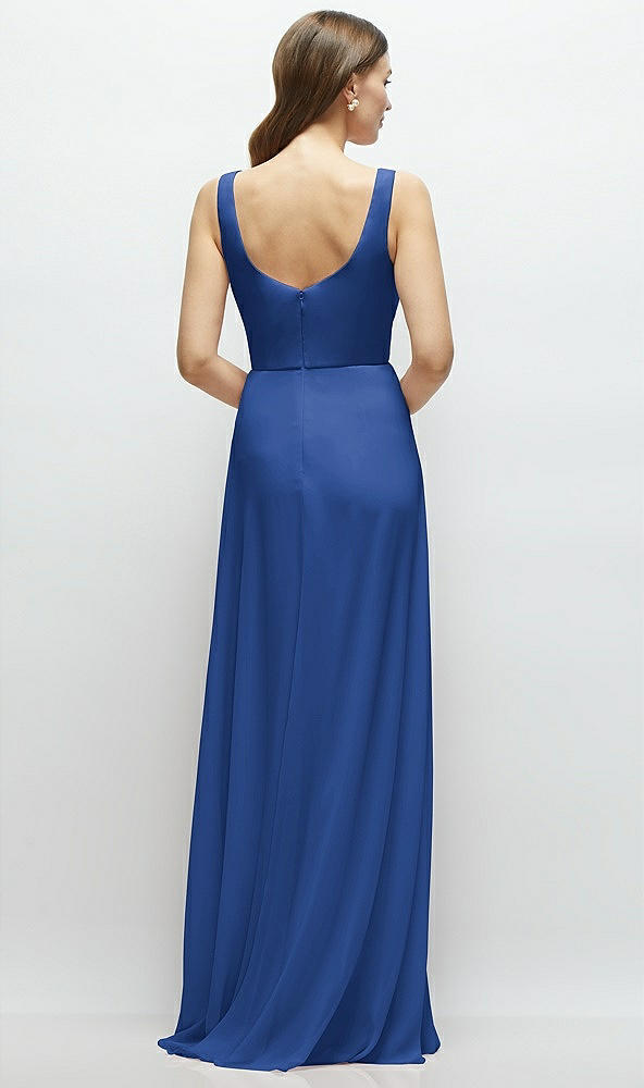 Back View - Classic Blue Square Neck Chiffon Maxi Dress with Circle Skirt