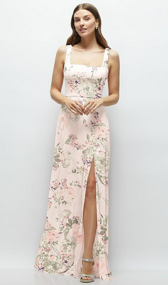 Front View - Blush Garden Square Neck Chiffon Maxi Dress with Circle Skirt