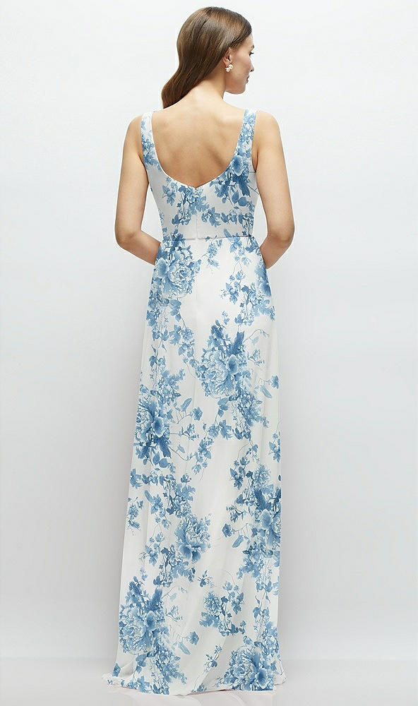 Back View - Cottage Rose Dusk Blue Square Neck Chiffon Maxi Dress with Circle Skirt