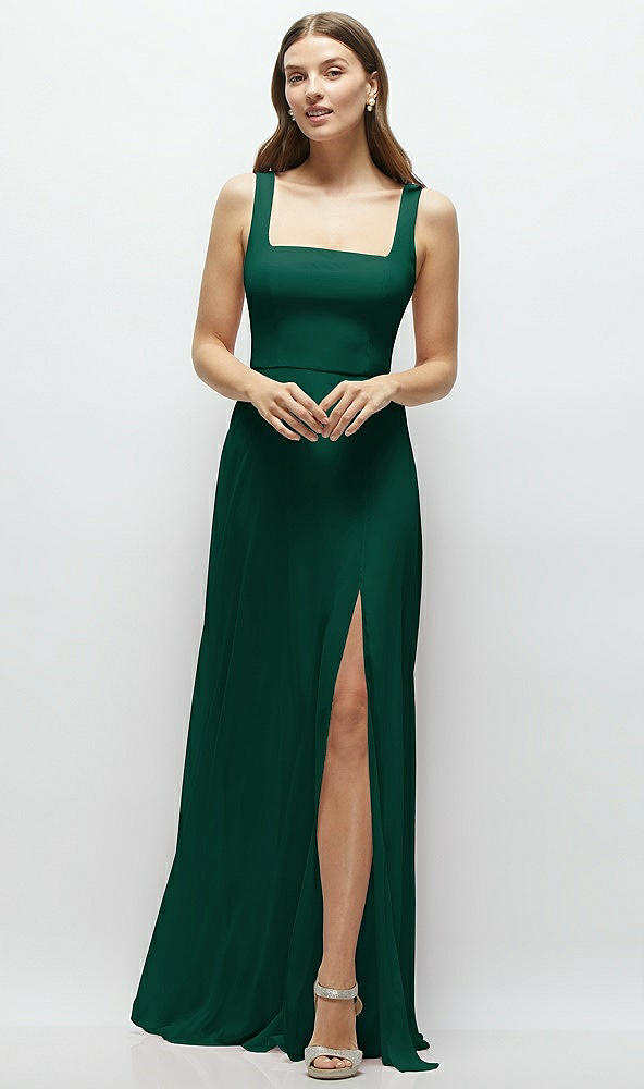 Front View - Hunter Green Square Neck Chiffon Maxi Dress with Circle Skirt