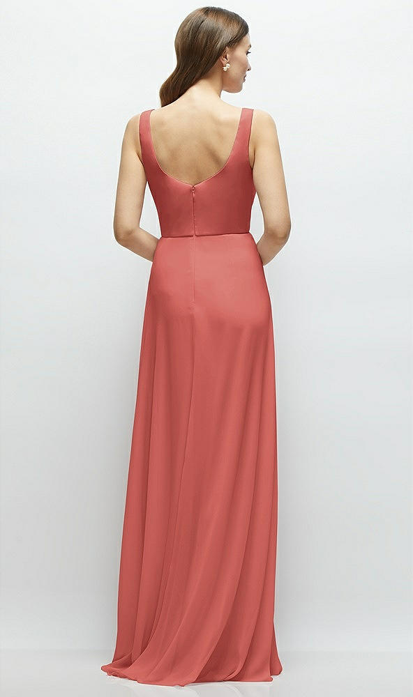 Back View - Coral Pink Square Neck Chiffon Maxi Dress with Circle Skirt