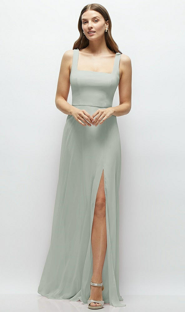 Front View - Willow Green Square Neck Chiffon Maxi Dress with Circle Skirt