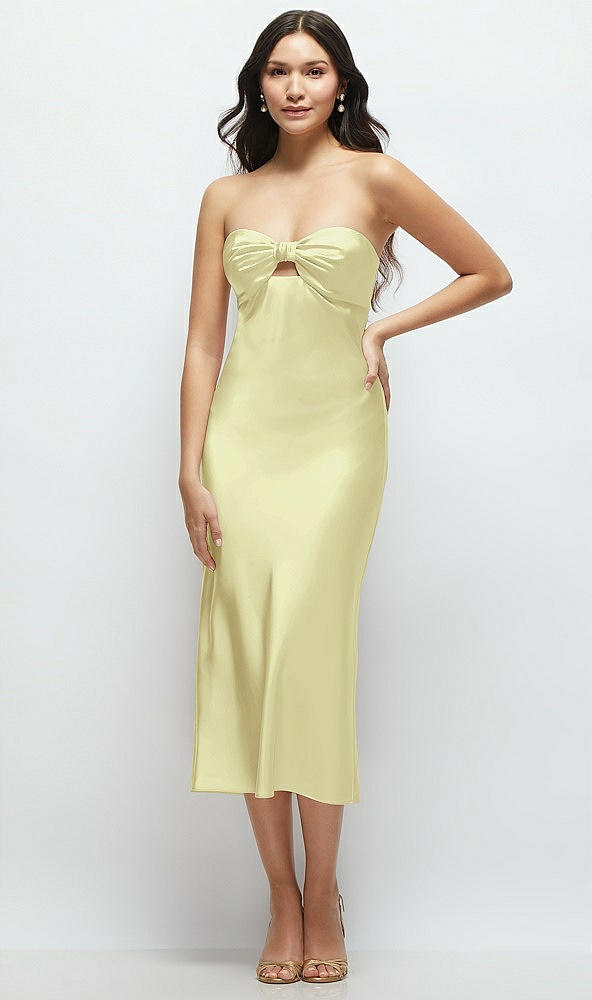 Front View - Butter Yellow Strapless Bow-Bandeau Cutout Satin Midi Slip Dress