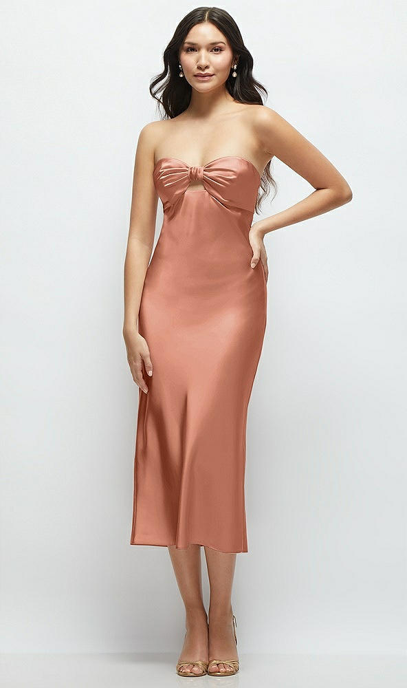 Front View - Copper Penny Strapless Bow-Bandeau Cutout Satin Midi Slip Dress