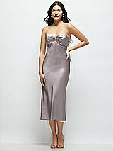 Front View Thumbnail - Cashmere Gray Strapless Bow-Bandeau Cutout Satin Midi Slip Dress