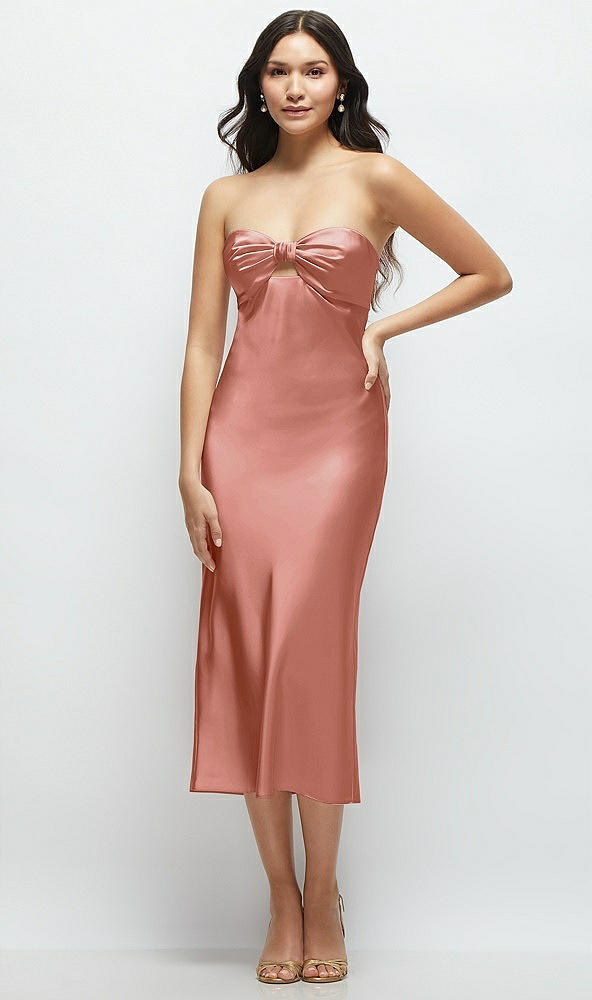 Front View - Desert Rose Strapless Bow-Bandeau Cutout Satin Midi Slip Dress