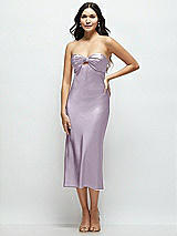 Front View Thumbnail - Lilac Haze Strapless Bow-Bandeau Cutout Satin Midi Slip Dress