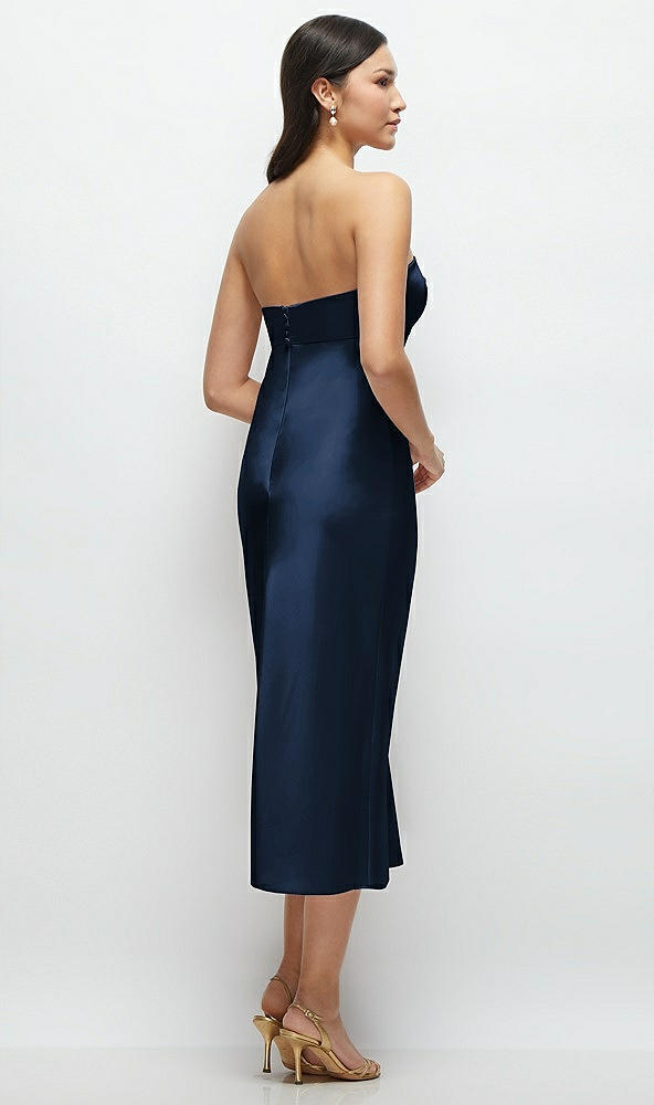 Back View - Midnight Navy Strapless Bow-Bandeau Cutout Satin Midi Slip Dress