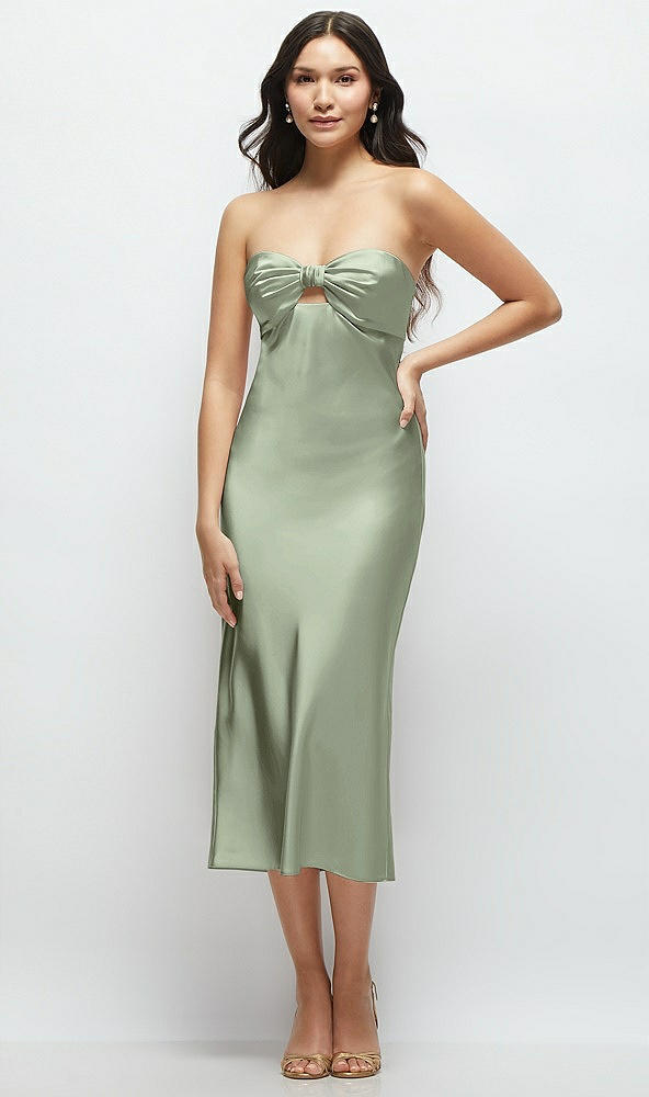 Front View - Sage Strapless Bow-Bandeau Cutout Satin Midi Slip Dress