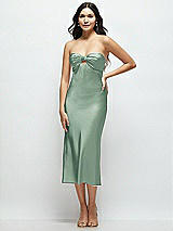 Front View Thumbnail - Seagrass Strapless Bow-Bandeau Cutout Satin Midi Slip Dress