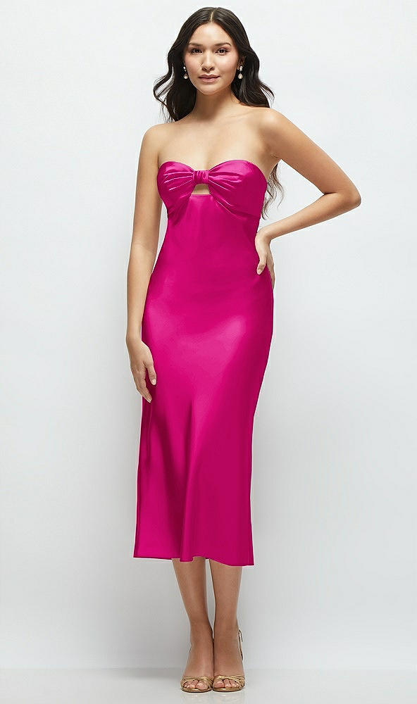 Front View - Think Pink Strapless Bow-Bandeau Cutout Satin Midi Slip Dress