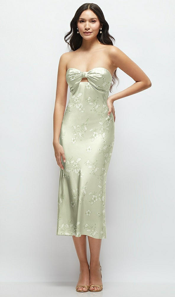 Front View - Vintage Primrose Celadon Strapless Bow-Bandeau Cutout Floral Satin Midi Slip Dress