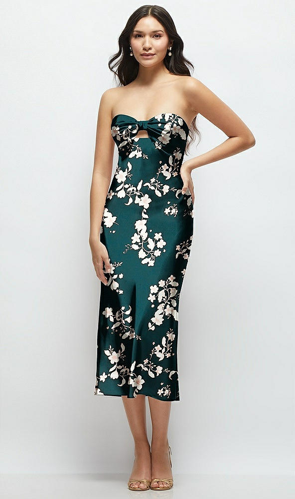 Front View - Vintage Primrose Evergreen Strapless Bow-Bandeau Cutout Floral Satin Midi Slip Dress