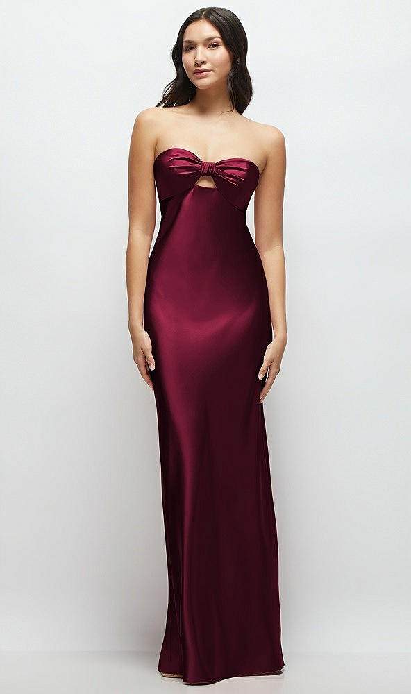 Front View - Cabernet Strapless Bow-Bandeau Cutout Satin Maxi Slip Dress