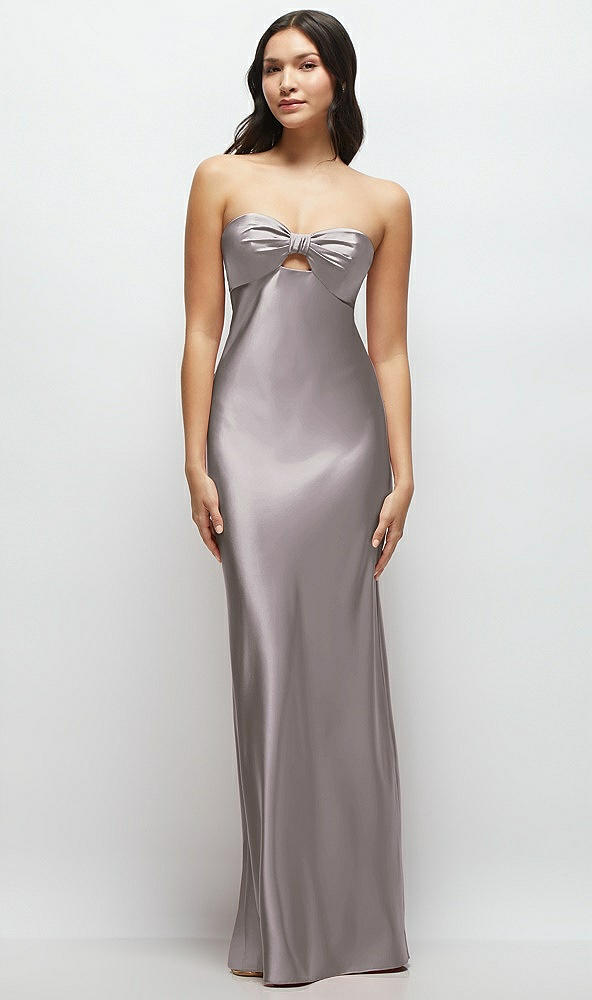 Front View - Cashmere Gray Strapless Bow-Bandeau Cutout Satin Maxi Slip Dress