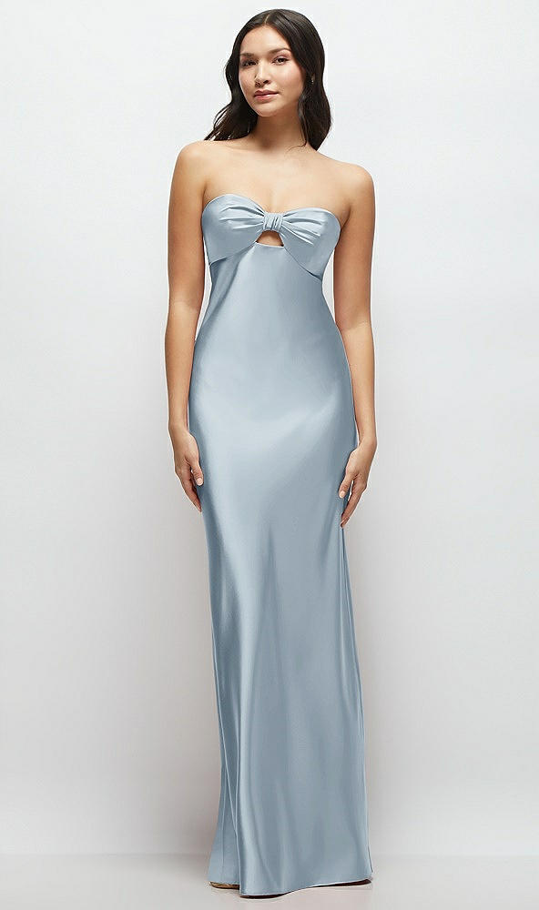 Front View - Mist Strapless Bow-Bandeau Cutout Satin Maxi Slip Dress