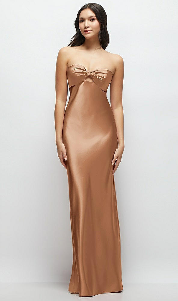 Front View - Toffee Strapless Bow-Bandeau Cutout Satin Maxi Slip Dress