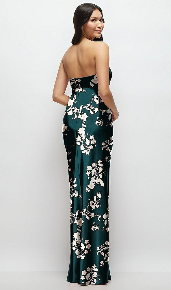 Back View - Vintage Primrose Evergreen Strapless Bow-Bandeau Cutout Floral Satin Maxi Slip Dress