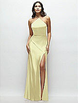 Front View Thumbnail - Butter Yellow High Halter Tie-Strap Open-Back Satin Maxi Dress