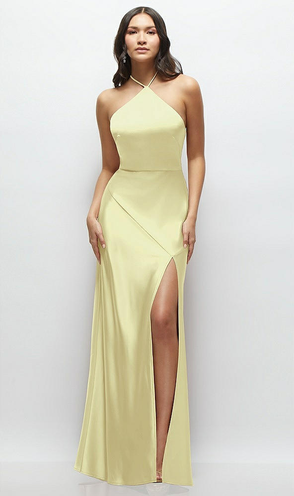 Front View - Butter Yellow High Halter Tie-Strap Open-Back Satin Maxi Dress