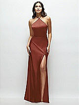 Front View Thumbnail - Auburn Moon High Halter Tie-Strap Open-Back Satin Maxi Dress