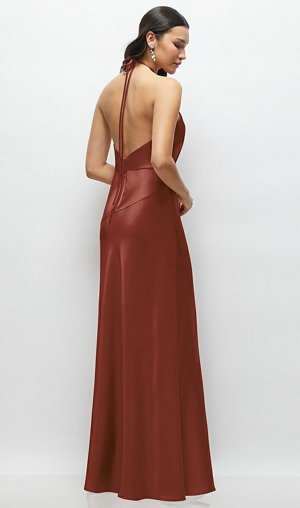 Back View - Auburn Moon High Halter Tie-Strap Open-Back Satin Maxi Dress